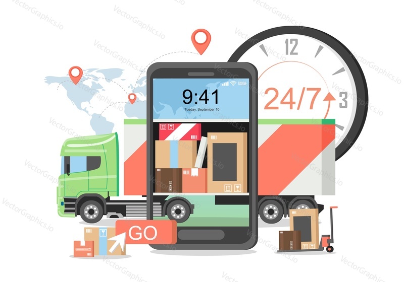 Delivery truck and mobile phone with cardboard boxes, parcels on screen, world map vector flat illustration. Online delivery, international shipping service, online order tracking service.
