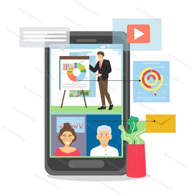 Huge smartphone with businessman giving online presentation, vector flat illustration. Webinar on mobile device, remote presentation, online business conference, meeting.