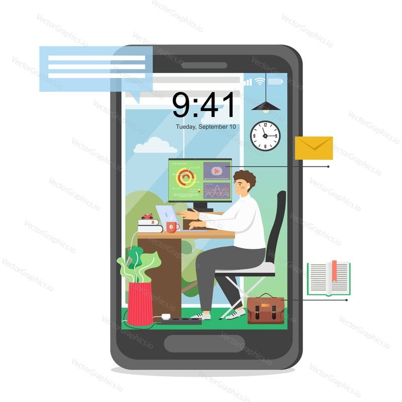Huge smartphone with home workspace and young man working on laptop on screen, vector flat illustration. Freelancer, business man working remotely from home. Freelance, remote work.