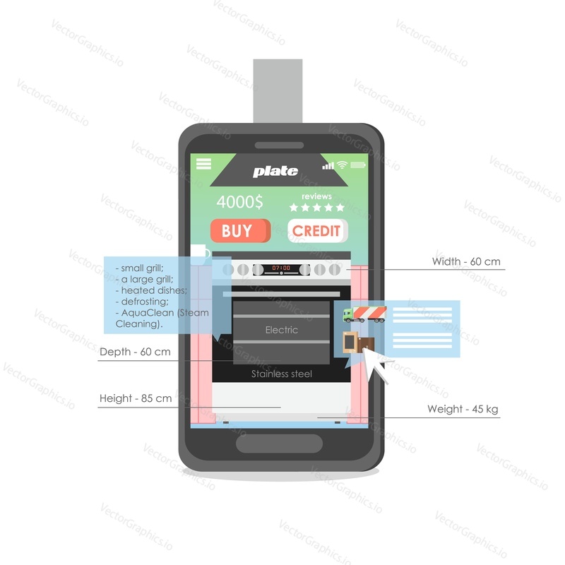 Mobile phone with electric cooker and oven on screen, vector flat illustration. Kitchen appliances store, home appliances online shopping.