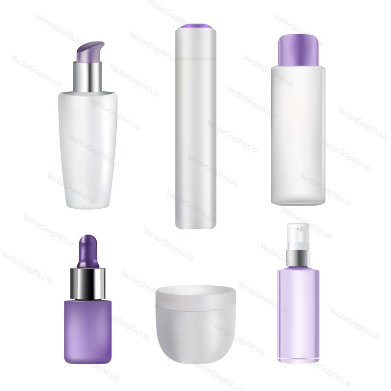 Hair care packaging mock up set, vector isolated illustration. Realistic cosmetic jar, spray, pump and dropper bottles for serum, shampoo, cream, spray, conditioner, mask and other hair products.
