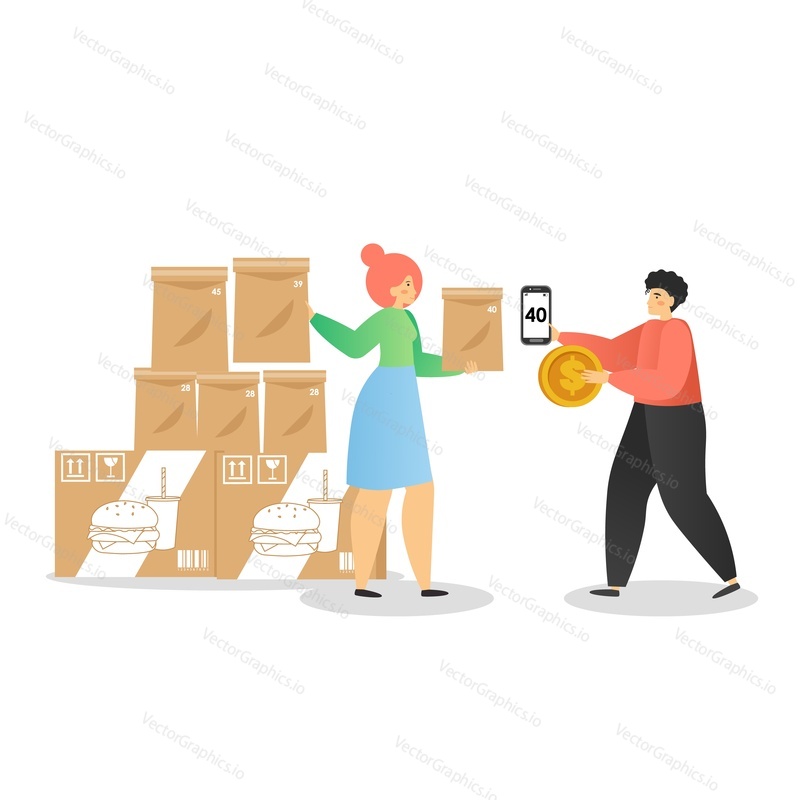 Young man buying takeaway food using fast food ordering mobile app, vector flat illustration. Restaurant takeaway and delivery service.