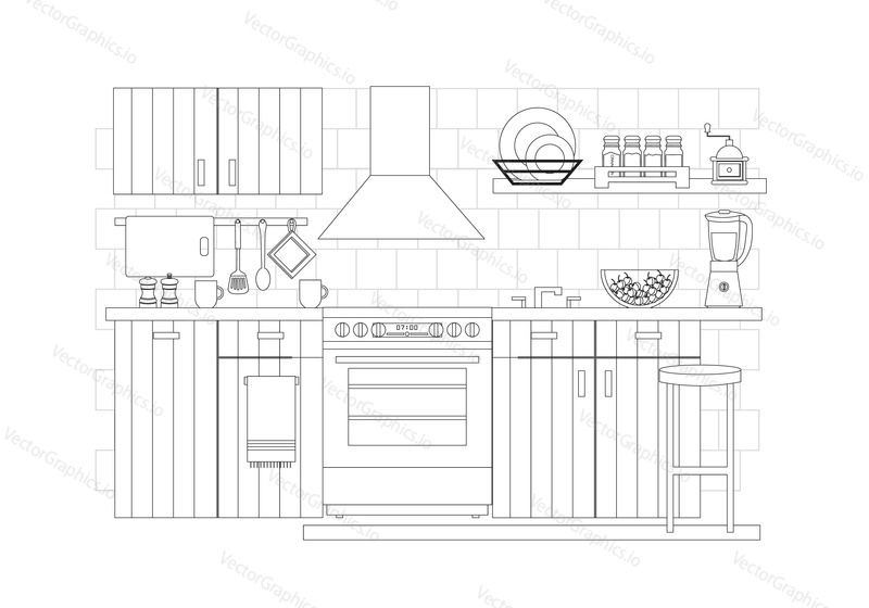 Kitchen interior, vector illustration in line art style. Kitchen furniture with electric cooker and oven, extractor hood, sink, home appliances, cookware and kitchenware.