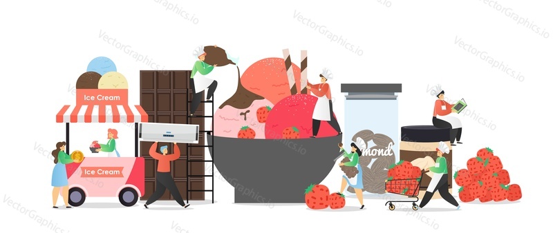 Male and female characters making and selling fruit and almond ice cream, frozen dessert, vector flat illustration. Ice cream business composition for poster, banner etc.
