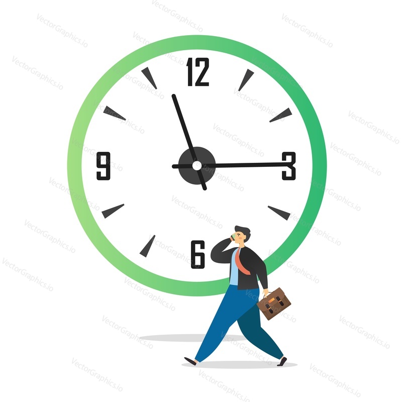 Miniature male character office man walking with briefcase and talking on the phone in front of huge clock, vector flat illustration. Time management, productivity, office time and daily routine.