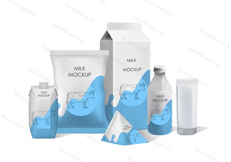 Dairy product packaging vector mock up set. Realistic milk bottle, carton pack, plastic sachet bag with label. Milk packaging containers composition for poster, banner etc.