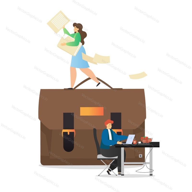 Miniature office people woman with paper standing on huge briefcase, man working on laptop while sitting at desk, vector flat illustration. Paperwork, office situations and daily routine.