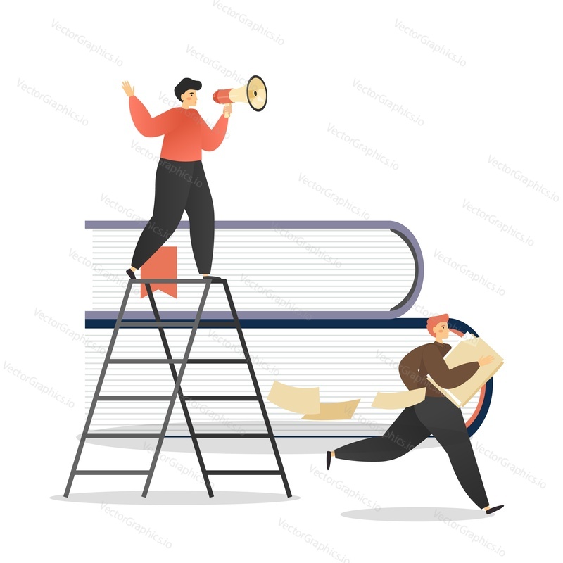 Miniature office people male characters shouting through megaphone standing on ladder, running with papers, vector flat illustration. Busy business people, paperwork office situations, daily routine.