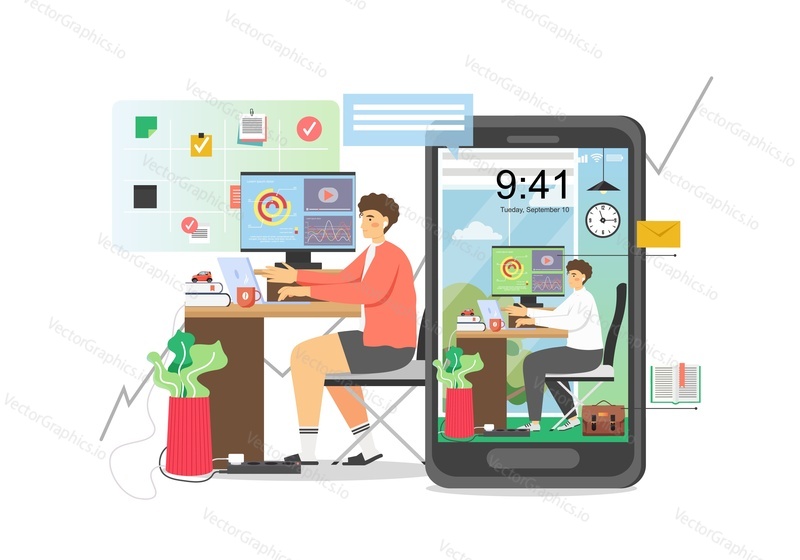 Freelancers, business people working from home office using computer, mobile phone and internet connection, vector flat illustration. Home workspace, remote and freelance job concepts.