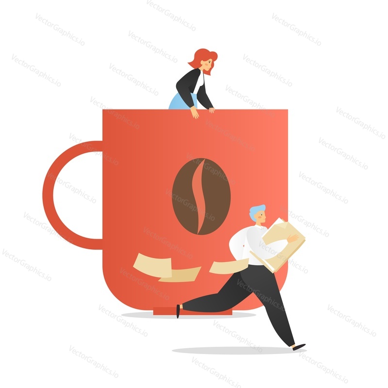 Happy office people taking coffee break, vector flat illustration. Coffee time, office situations, daily routine, workplace tradition concept.