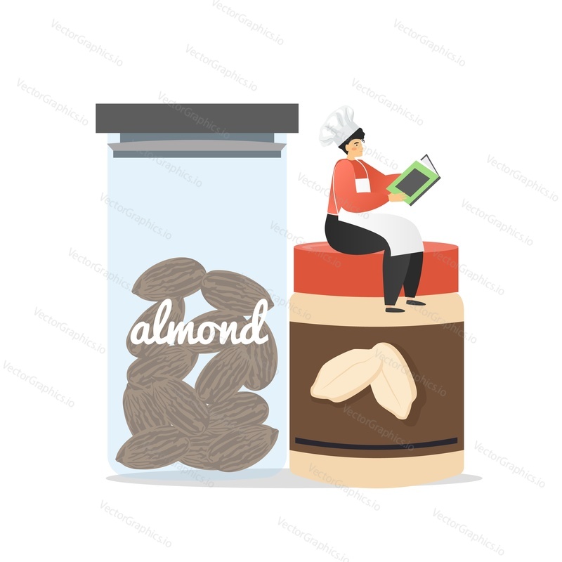 Man in chef uniform sitting on jar with almonds and reading recipe book, vector flat illustration. Delicious almond ice cream recipe, frozen dessert making process.