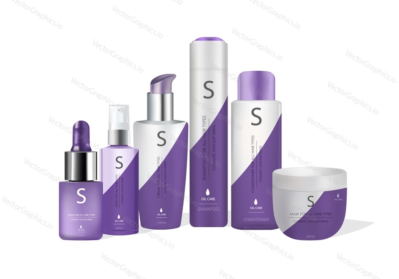 Hair care packaging vector mock up set. Realistic cosmetic bottles for serum, shampoo, cream, spray, conditioner, mask and other hair products.