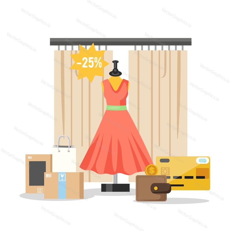 Women clothing store interior and red dress on mannequin, shopping bag, parcel, wallet with credit card, vector illustration. Online payment with card, online shopping.