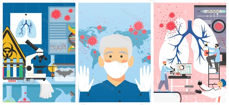 Coronavirus global outbreak spread vector poster template set. Coronavirus world map, wearing mask and gloves preventive and protective measures, vaccine research and testing in science medical lab.