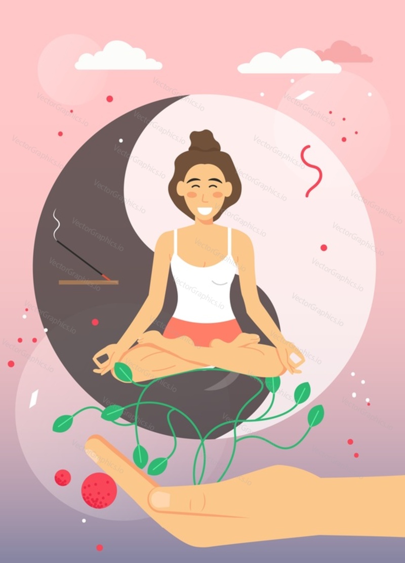 Young woman meditating, relaxing sitting in lotus yoga position, yin yang symbol in hand, vector flat style design illustration. Yoga studio, wellness, spa service.
