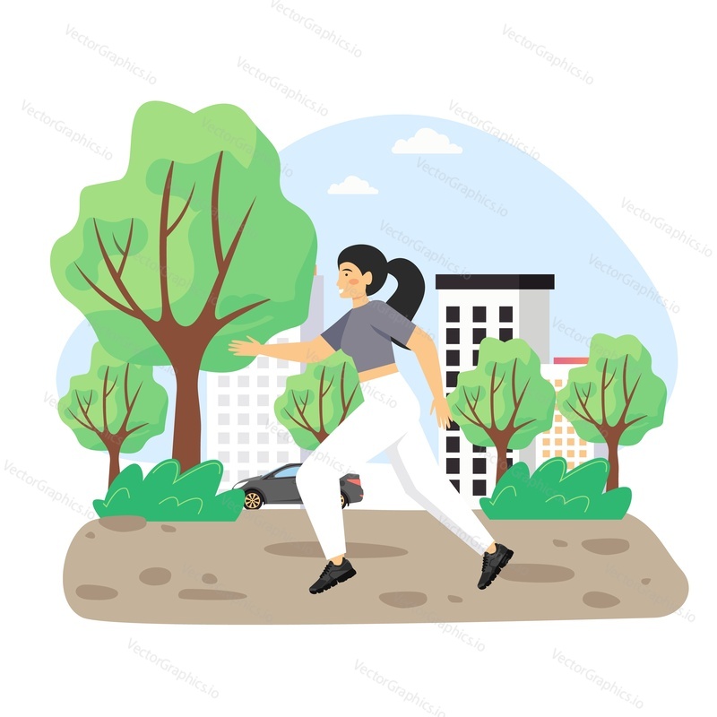 Daily life. Young woman running in the park, flat vector illustration. Daily morning routine, everyday activities. Active and healthy lifestyle, sport and fitness.