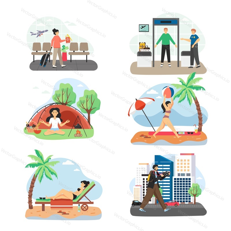 Traveler cartoon characters, flat vector isolated illustration. People traveling by plane, passenger and baggage screening procedures. Summer beach vacation. Yoga and meditation retreat. City travel.