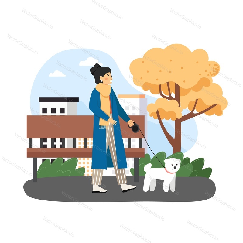 Autumn season. Happy woman walking with her pet dog in city park and enjoying fall, flat vector illustration. Outdoor activity, healthy lifestyle.