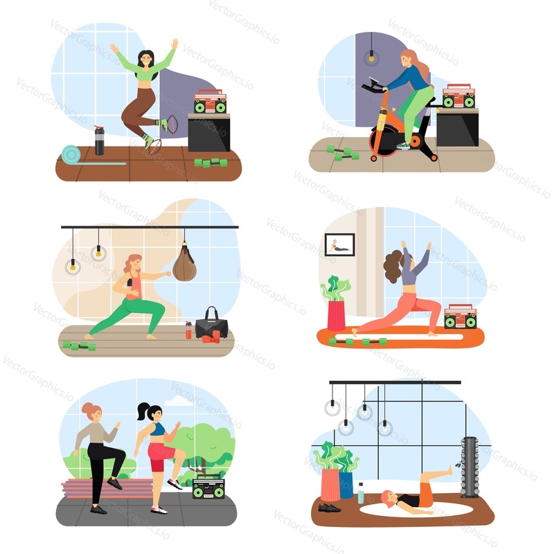 Fitness people cartoon character set, flat vector illustration. Girls doing kangoo, pilates, stretching, tae bo fitness exercises, riding stationary bike. Gym workout. Active and healthy lifestyle.