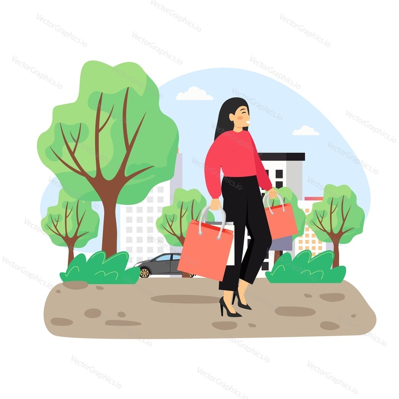 8 March, Womens Day. Happy woman spending her day off at clothing store, mall, fashion boutique, flat vector illustration. Cute girl walking along the street with shopping bags. Happy holiday.