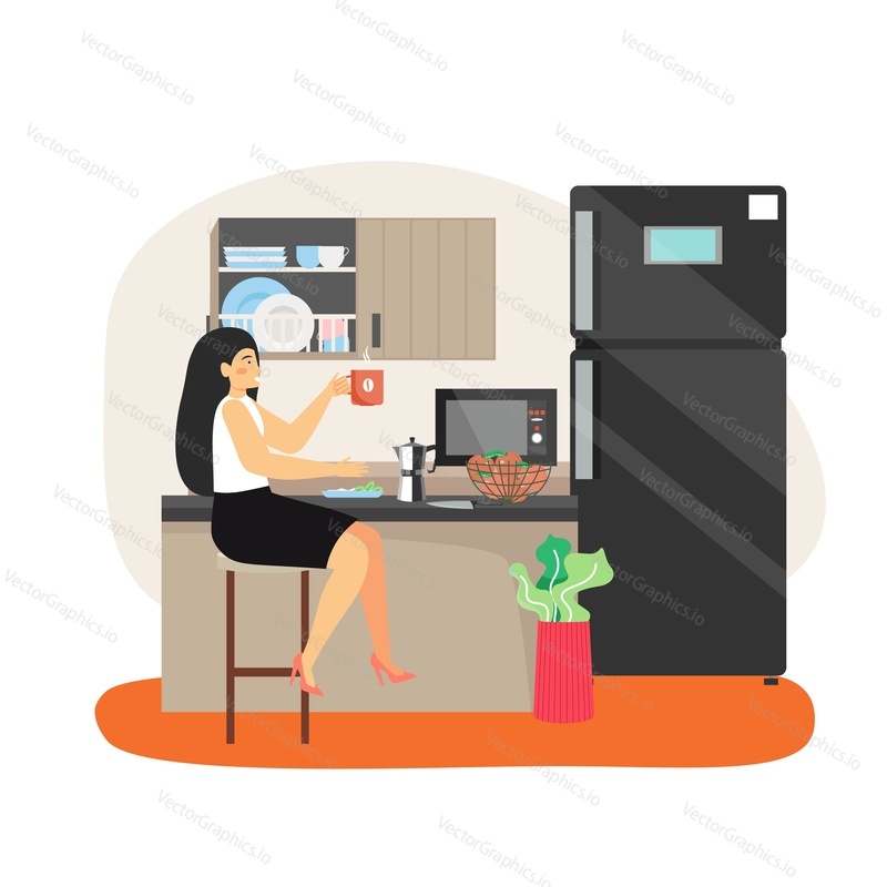 Daily life. Business woman having lunch break, flat vector illustration. Girl sitting at table, eating and drinking coffee. Daily routine, everyday activities.