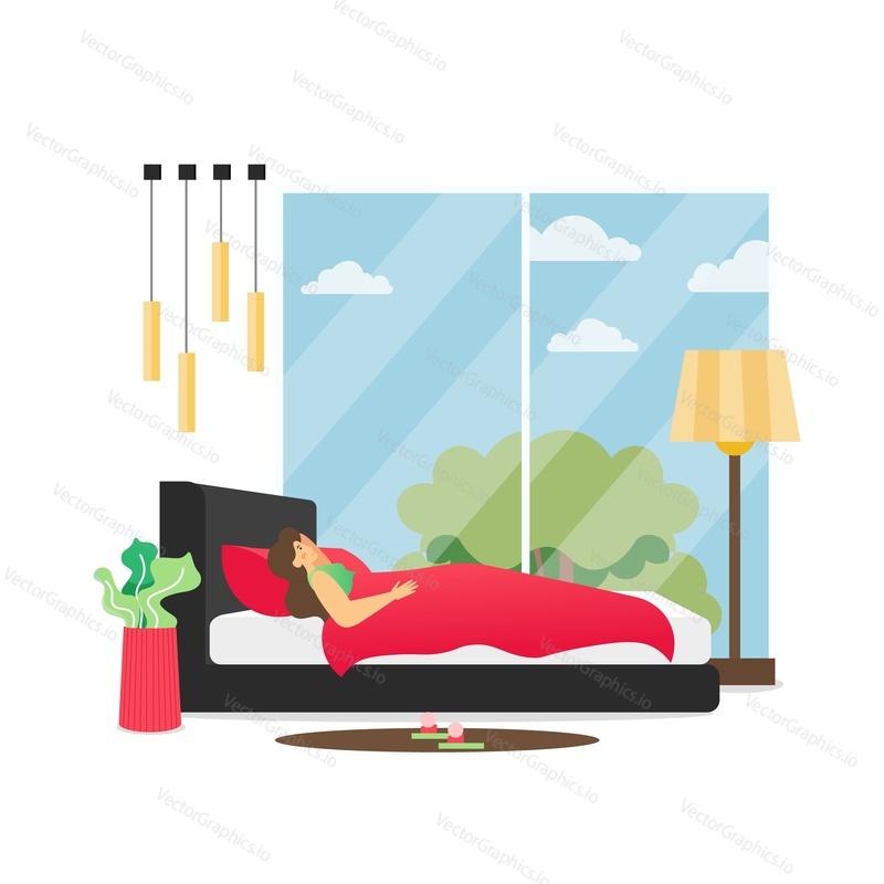 Bedroom interior and girl sleeping in bed by the window, vector flat illustration. Cozy woman bedroom with furniture and decoration, modern home interior.
