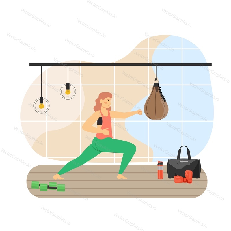 Sport and fitness activities. Young woman doing tae bo aerobic exercises, flat vector illustration. Tae bo training, martial arts technique. Fitness gym cardio workout. Active and healthy lifestyle.
