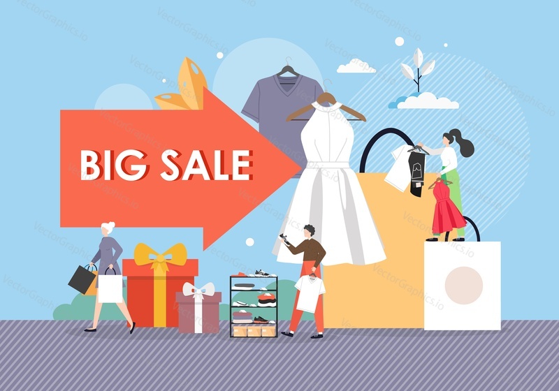 Big sale arrow sign, happy male and female characters shopping for clothes, shoes, flat vector illustration. Big sale advertising poster, banner, flyer template. Seasonal and holiday discounts, offers