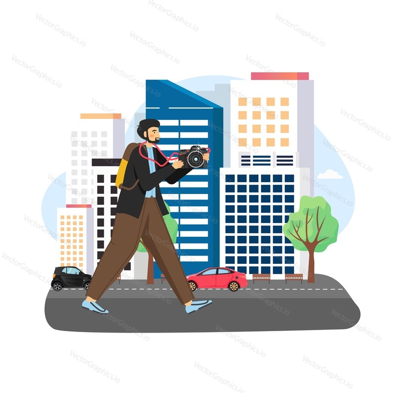 Tourist male character traveling around the city with camera, flat vector illustration. Happy man going sightseeing. Traveler walking in the street with backpack. Travel blogger, photographer.