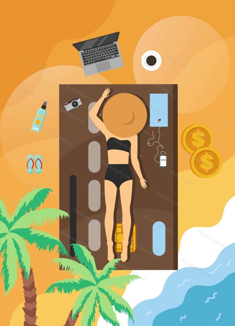 Summer card with girl sunbathing on beach, vector flat top view illustration. Beach tropical vacation, summer travel, freelance composition for poster, flyer, banner etc.