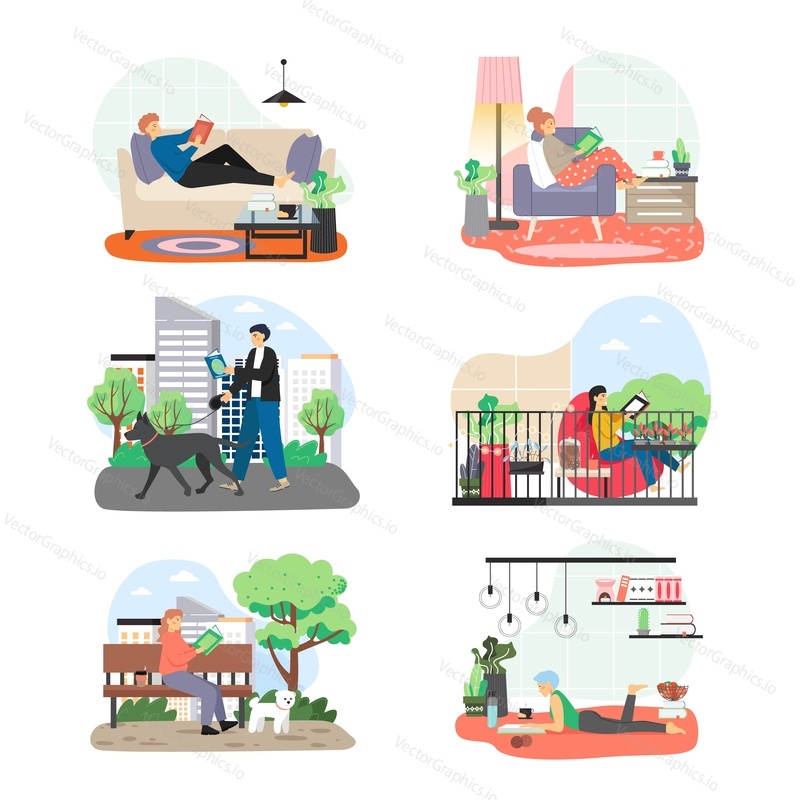 Book lover, reader character set flat vector isolated illustration. People enjoying free time reading interesting books at home, in city park, in the street, on balcony. Hobbies and leisure, education