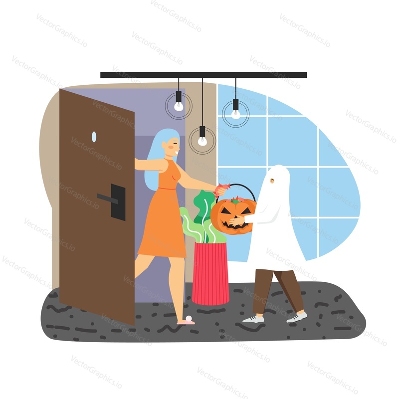 Cute boy in Halloween ghost costume with pumpkin basket trick or treating candies, flat vector illustration. Trick or treat Halloween celebration tradition for kids and adults.
