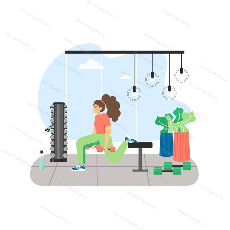 Fitness gym. Young woman doing lunge weight exercises with dumbbells, flat vector illustration. Bulgarian split squat glute workout. Sport and healthy lifestyle.