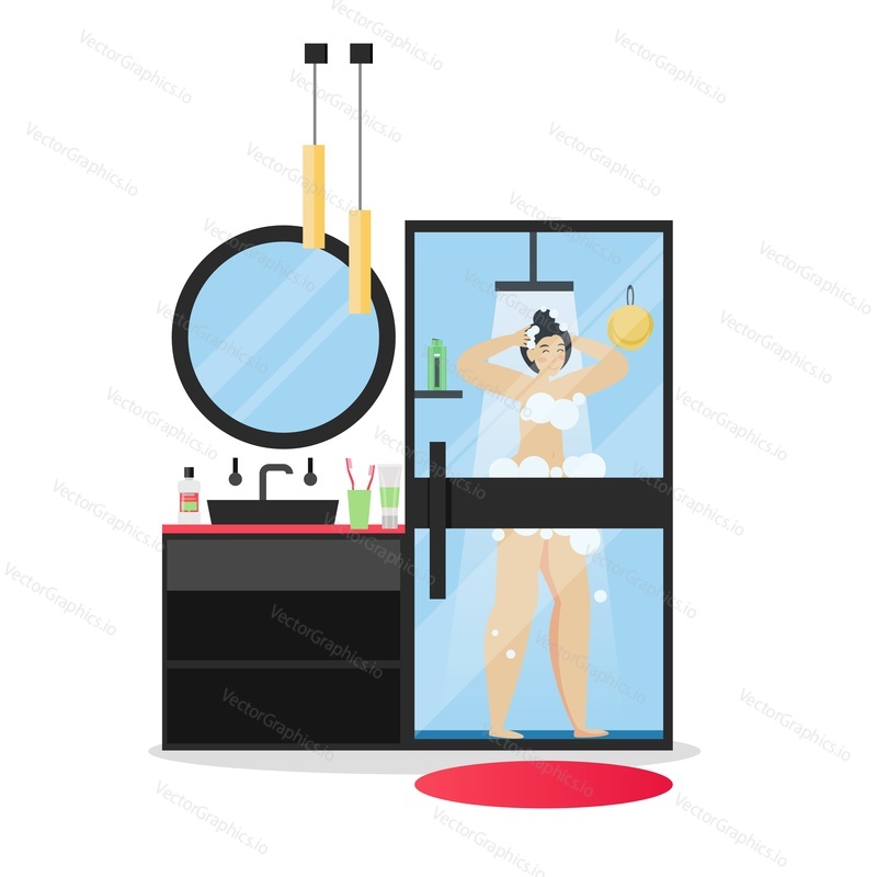Bathroom interior and girl taking shower, vector flat illustration. Modern shower stall, washbasin, mirror and lights. Woman bathroom interior.