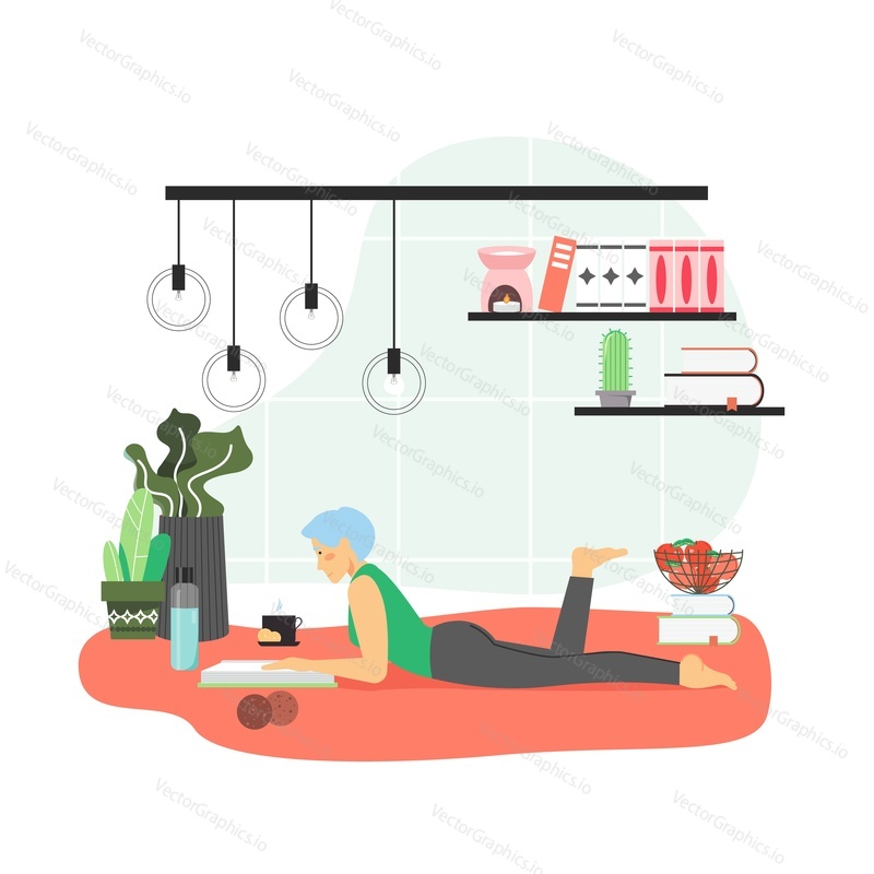 Girl reading book at home, flat vector illustration. Young woman, book lover relaxing, enjoying free time with reading favorite magazine in cozy living room. Hobby and leisure activity, education.