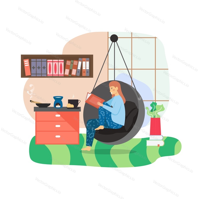 Happy woman spending free time at home. Cute girl enjoying reading book sitting in hanging chair, flat vector illustration. Hobby and leisure activities.