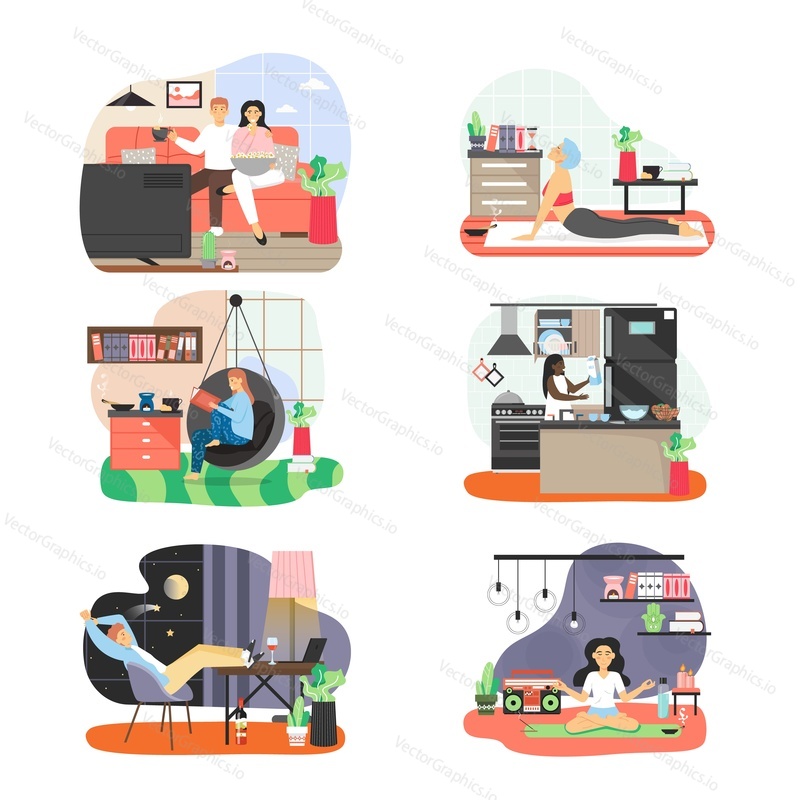 People spending free time at home, flat vector illustration. Male and female characters working, cooking, meditating, reading, watching tv. Sport, hobby and leisure activities. Everyday home routine.