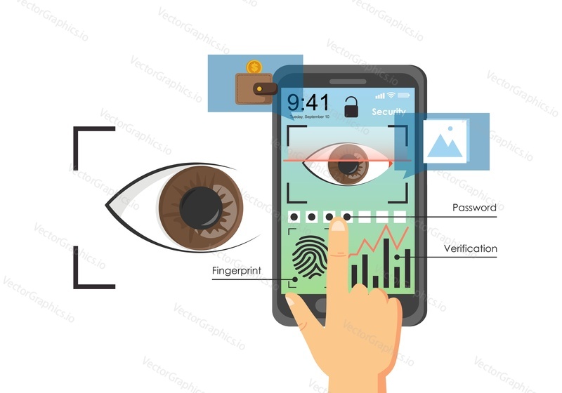 Eye scan, mobile phone with user authentication methods on screen, vector flat illustration. Password coupled with biometric features such as eye and fingerprint verification. Mobile security.