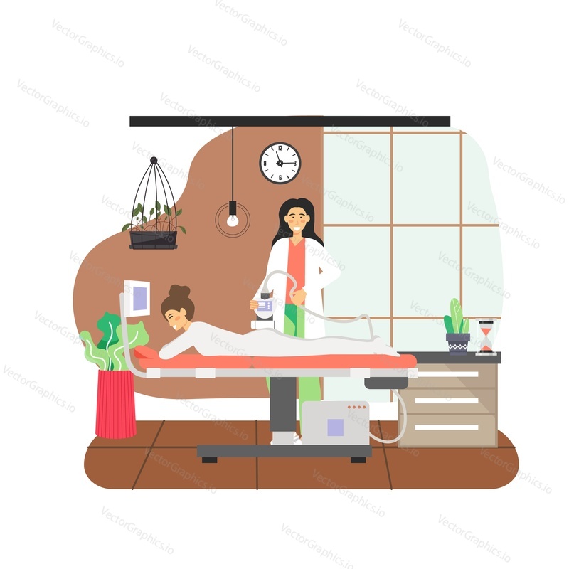 8 March, Womens Day. Happy woman enjoying her day off getting anti cellulite lpg massage, flat vector illustration. Cute girl pampering herself with body treatment procedure. Happy holiday.