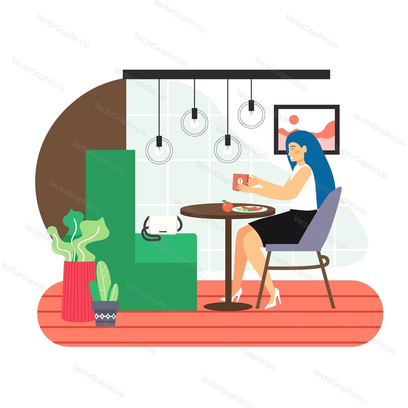 8 March, Womens Day. Happy woman enjoying her day off, having breakfast in the morning at home, flat vector illustration. Cute girl sitting at table, eating and drinking coffee. Happy holiday.