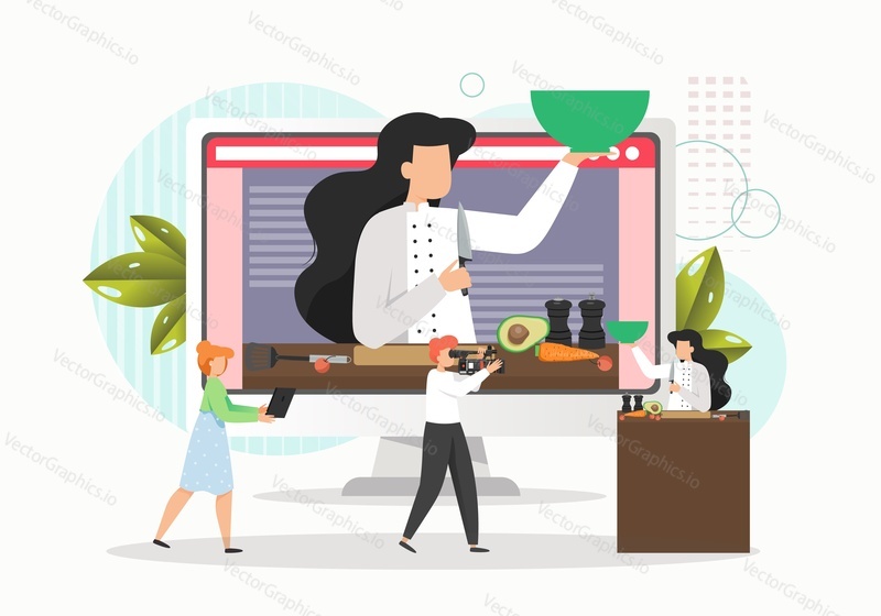 Woman cooking food in studio and cameraman recording video, flat vector illustration. Culinary tv program, cooking show, master class, chef courses, food blog.
