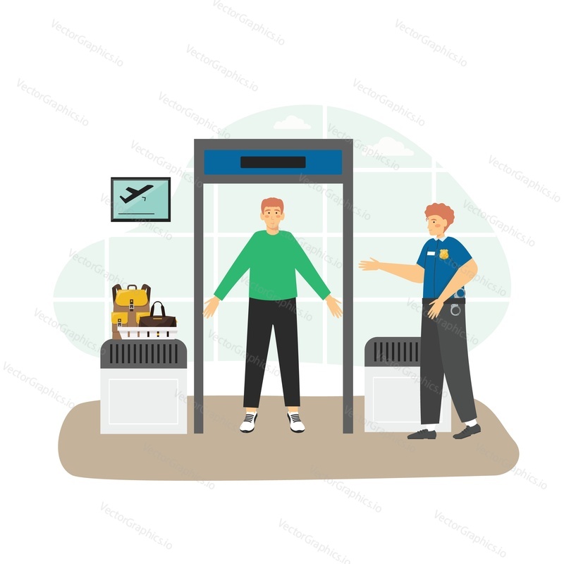 Airport security check point, passenger and baggage screening procedures, flat vector illustration. Male character passing through full body scanner and his luggage passing through xray imaging system
