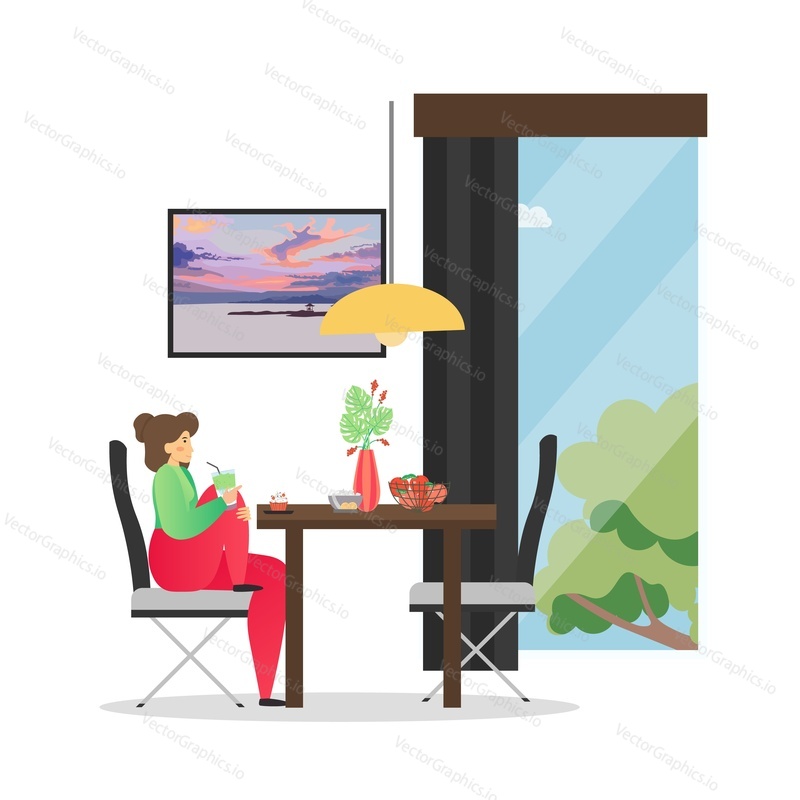 Dining room interior and girl eating while sitting at table by the window, vector flat illustration. Cozy woman room with furniture and decoration, modern home interior.