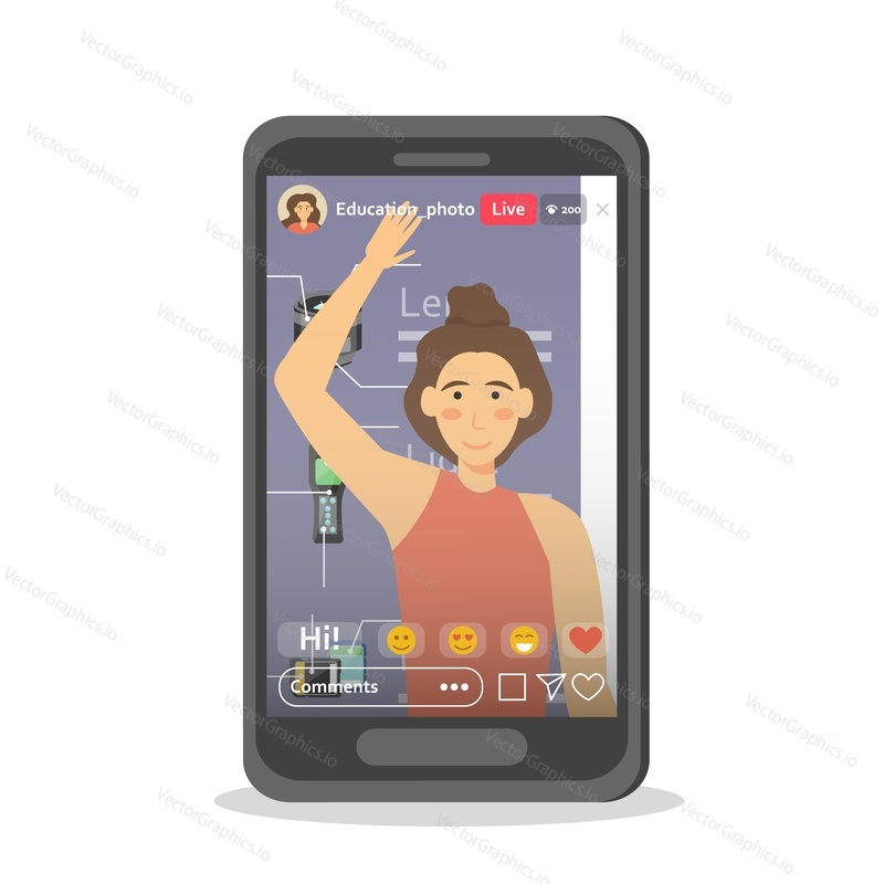 Live streaming app with online teacher on mobile phone screen, vector flat illustration. Online courses, training, remote teaching, e-learning, distance education.
