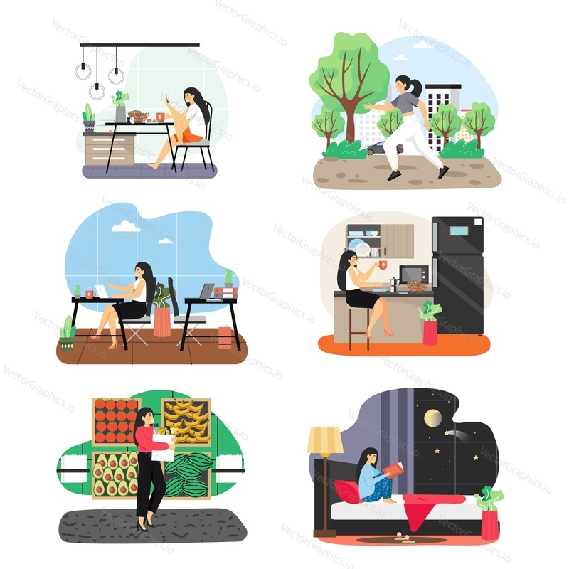 Business woman daily life scene set, flat vector isolated illustration. Girl having breakfast and lunch, running in park in the morning, working, shopping, sleeping. Daily routine, everyday activities