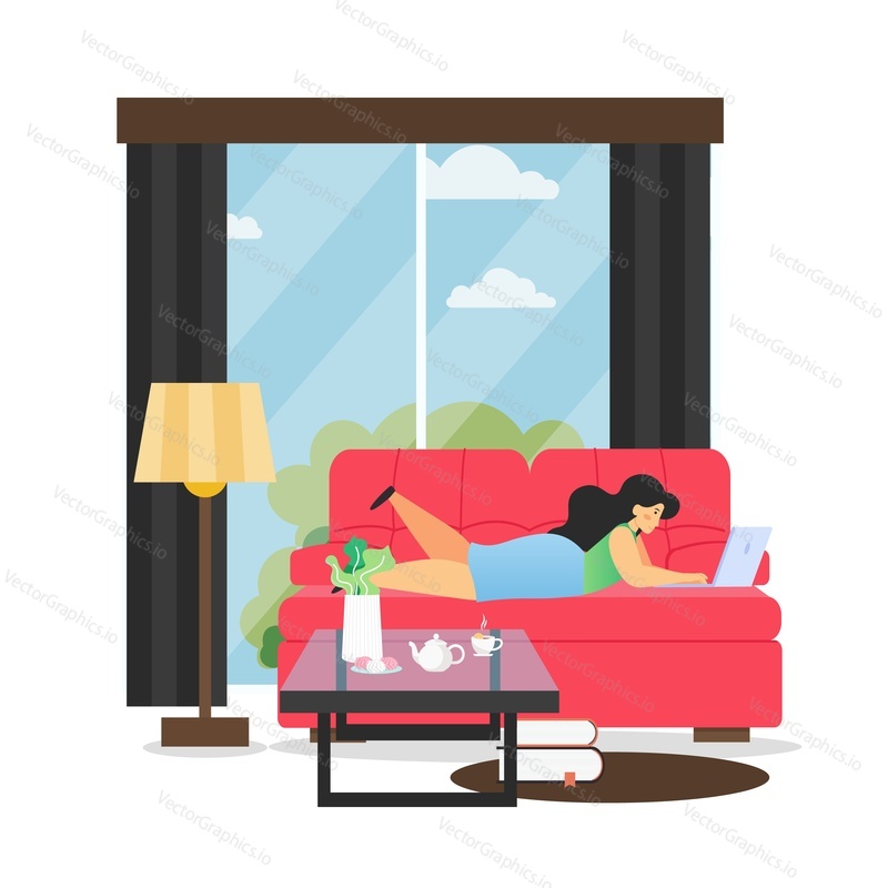 Living room interior and girl working on laptop lying on sofa vector flat illustration. Woman living hall with cozy couch by the window, coffee table, floor lamp, books on carpet. Modern home interior