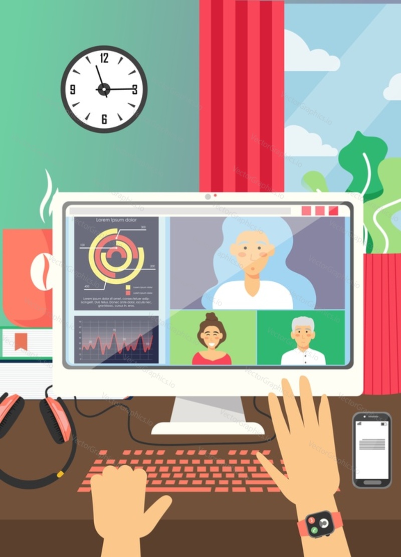 Group of people taking part in video conference on desktop computer monitor, vector flat illustration. Online communication, meeting, discussion, webinar, video chat, online training.