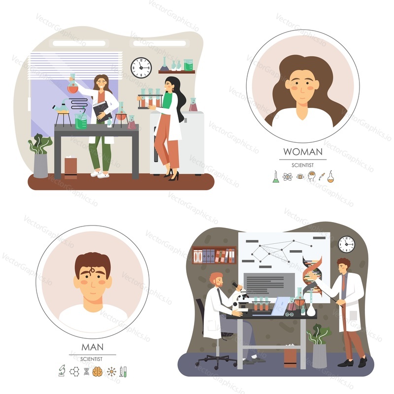 Science laboratory set, flat vector illustration. Scientists male female characters in lab coats carrying out scientific experiments. Genetic and chemical laboratory research. Science and education.