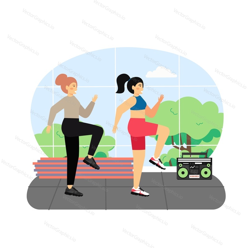 Sport and fitness activities. Two young women doing fitness exercises, flat vector illustration. Gym workout, group training. Active and healthy lifestyle.