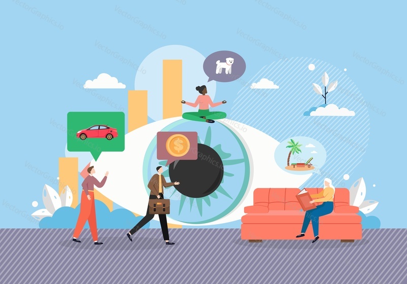 Visualization. Giant human eye, tiny male and female characters wishing for new car, summer beach travel, wealth, pet dog, flat vector illustration. Optimistic thinking, follow your dream concept.
